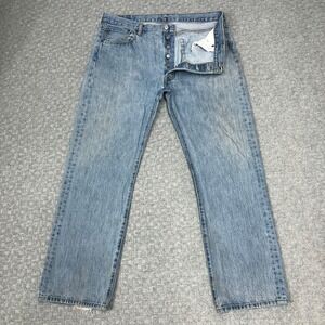Levis 501 Jeans Mens 36x30 Blue Denim Straight Leg Button Fly Distressed Casual